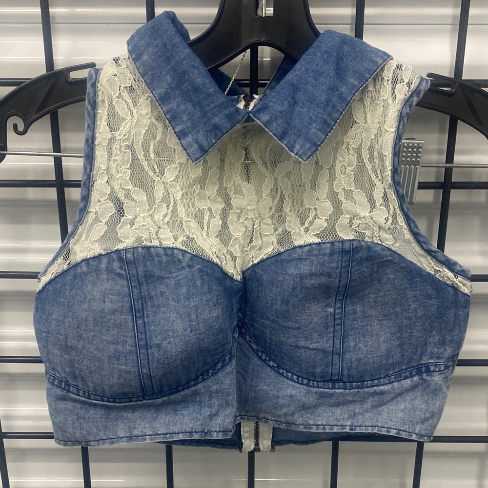 Poetry Blue Denim Crop Top with Cream Lace Yoke